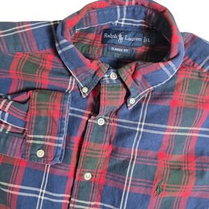 Ralph Lauren Button Down Shirt Mens L Red Blue Plaid Classic Fit Long Sleeve